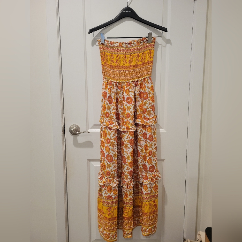 ZESICA Boho Floral Strapless Maxi Dress Size S Mustard Yellow Smocked Tiered